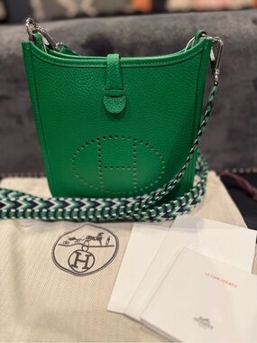 Hermes Green Evelyne Mini Crossbody Bag with Green/White/Black Strap